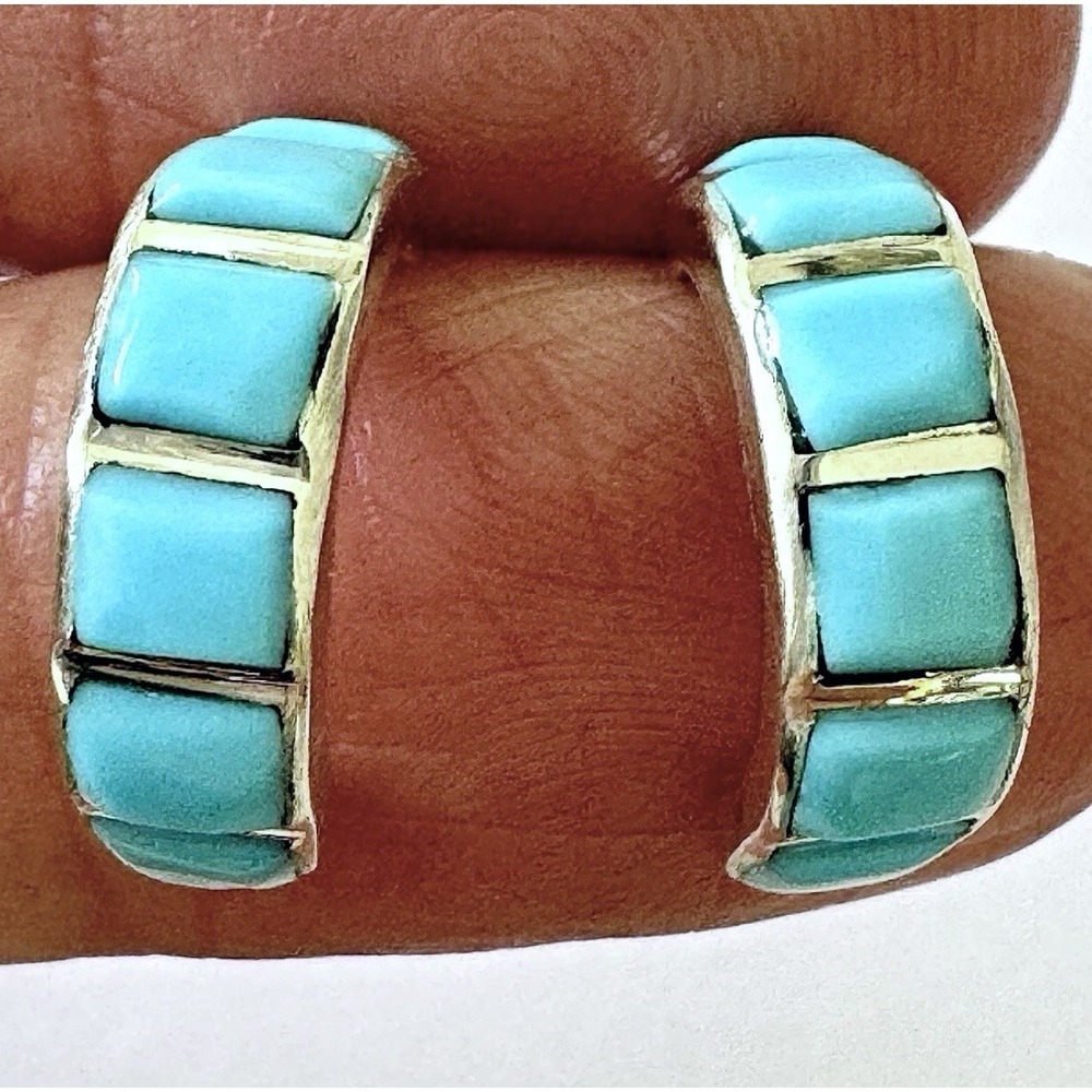 Turquoise Hoop Native American Earrings 5/8 in Small 925 Sterling Silver Zuni